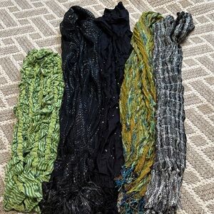 Set of Five Textured Scarves in Green, Black, and Gray
